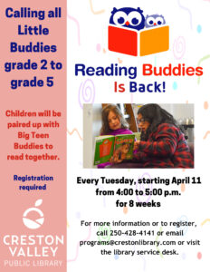Reading Buddies is back! Every Tuesday starting Arpil 11 from 4-5pm Little buddies need to be in grade2 to 5 and big teen buddies will be from grade 10 to 12.