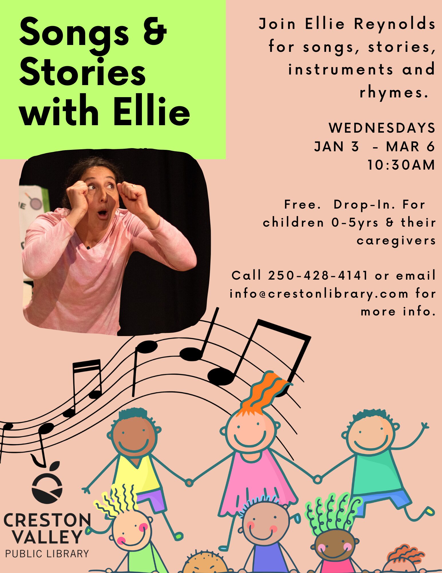 poster of event with a photo of ellie reynolds performing drama and drawings of children dancing hand in hand to music
