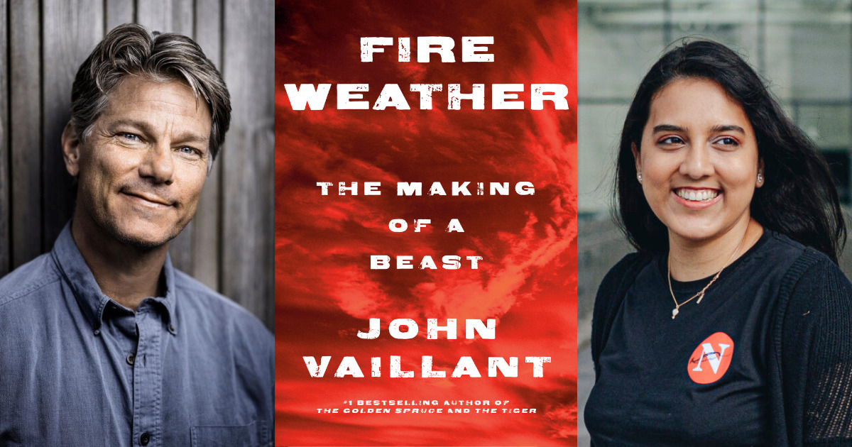 A photo of John Vaillant and Fatima Syed with the cover of John Vaillant's book, Fire Weather.